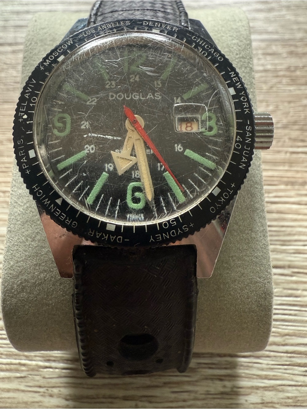 1960s Douglas Vintage Pilot Style Watch — Black Dial with Green Accents (parts)
